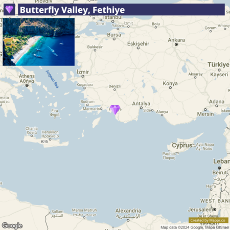 A map highlighting Butterfly Valley in Fethiye, Turkey, with an inset photo showing an aerial view of a serene blue bay surrounded by steep cliffs. The map shows the Eastern Mediterranean region, with nearby cities and countries labeled.