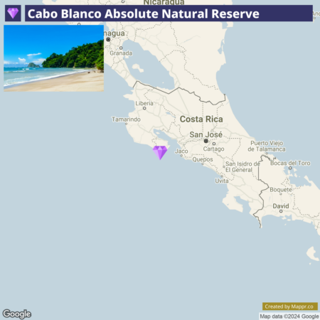 A split image with the left side showing a tropical beach with lush greenery and the right side displaying a map highlighting the location of Cabo Blanco Absolute Natural Reserve in Costa Rica, indicated by a purple diamond-shaped icon.