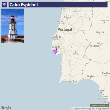 Cabo Espichel location on a map with a photo of the lighthouse inset on the top left corner. The map is of the southwestern part of Portugal with Lisbon and other cities labeled, and a purple pin indicating the location of Cabo Espichel on the coast near Lisbon.