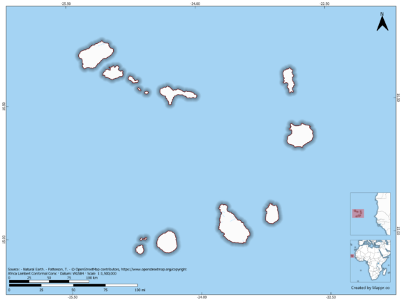 Blank map of Cabo Verde showing borders and no labels, in color.