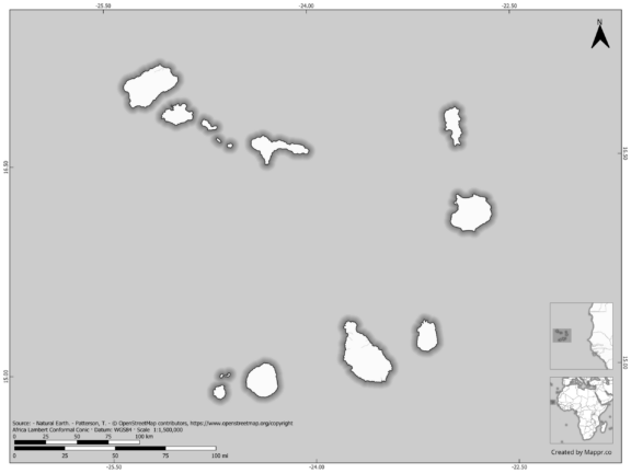 Blank black and white map of Cabo Verde with borders and no labels.