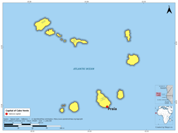 Map highlighting Praia, the capital of Cabo Verde, with country borders, in color.
