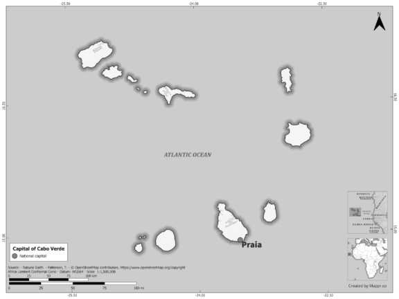 Black and white map highlighting Praia, the capital of Cabo Verde.