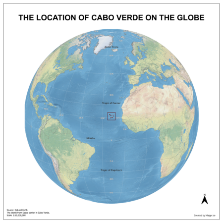 Map showing Cabo Verde's location on a globe, highlighted in red on the African continent.