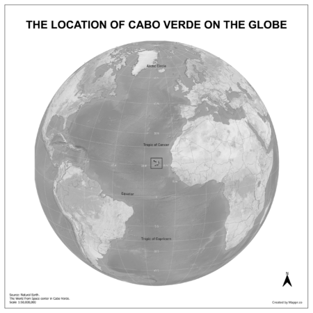 Map showing Cabo Verde's location on a globe, highlighted in red on the African continent.