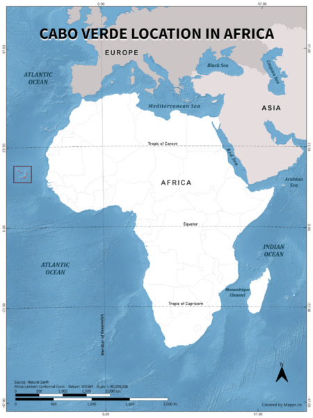 Cabo Verde location on world map, color version.
