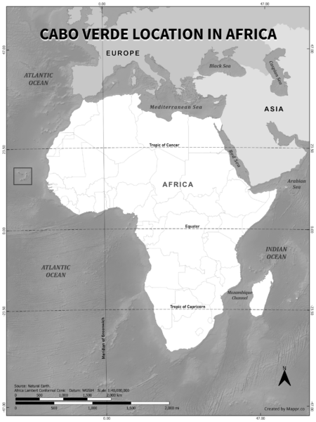 Cabo Verde location on world map, black and white version.
