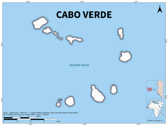 Outline map of Cabo Verde with country borders in color.