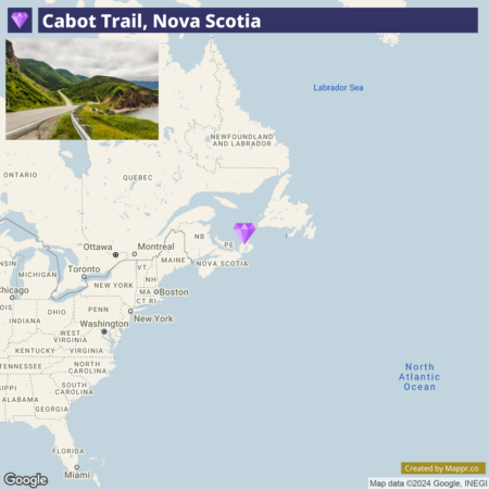 A graphic combining a scenic photograph and a map highlights Cabot Trail in Nova Scotia, with a location marker on a stylized map of Eastern North America showing proximity to cities and states along the Atlantic coastline.