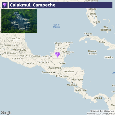 An informational image featuring a map and a photograph inset. The map highlights the location of Calakmul in the Mexican state of Campeche on the Yucatán Peninsula. A heart icon marks the specific spot. The inset photo shows an ancient Maya ruin, suggesting Calakmul's historical significance. The map includes parts of Mexico, Central America, and the southeastern coast of the United States, with major cities labeled. The image is marked with copyrights for Google and INEGI.