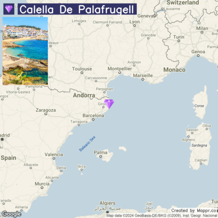 A map showing the location of Calella de Palafrugell on the northeastern coast of Spain, near Girona, with part of southern France, the Balearic Sea, and surrounding regions visible. A small inset photo on the top left corner shows a coastal view of Calella de Palafrugell with buildings along the shoreline.