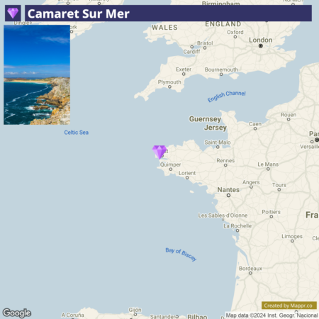 A map highlighting the location of Camaret Sur Mer with a purple pin on the northwest coast of France, near the Celtic Sea, along with an inset photo showing a coastal view of Camaret Sur Mer with rocky cliffs and blue water.