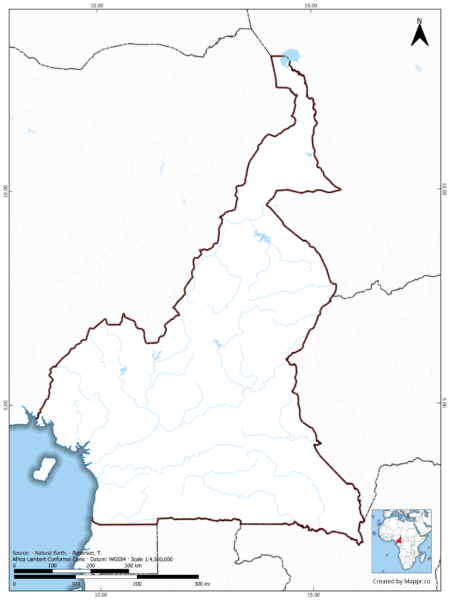 Blank map of Cameroon showing borders and no labels, in color.