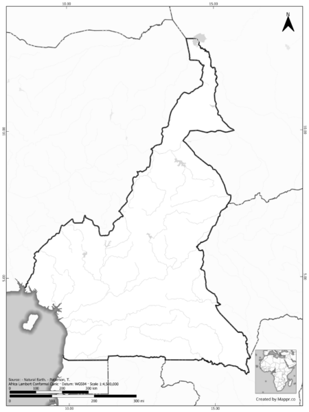 Blank black and white map of Cameroon with borders and no labels.