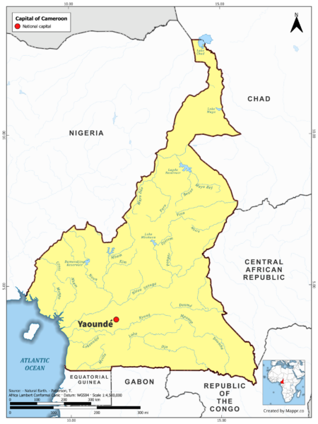 Map highlighting Yaounde, the capital of Cameroon, with country borders, in color.