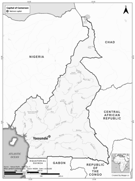 Black and white map highlighting Yaounde, the capital of Cameroon.