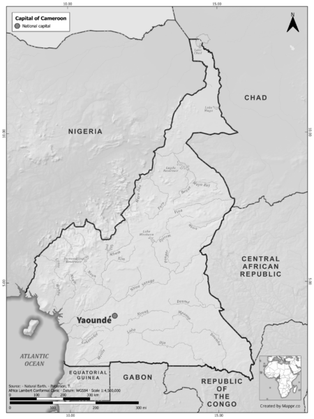 Black and white map of Cameroon highlighting Yaounde as the capital, with neighboring countries.