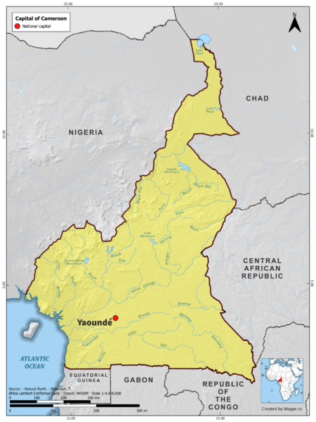 Map highlighting Yaounde, the capital of Cameroon, with surrounding countries and geographical features, in color.