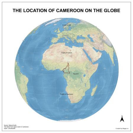 Map showing Cameroon's location on a globe, highlighted in red on the African continent.
