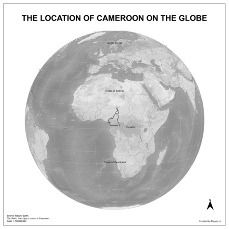 Map showing Cameroon's location on a globe, highlighted in red on the African continent.
