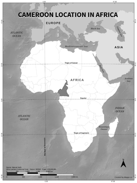 Cameroon location on world map, black and white version.