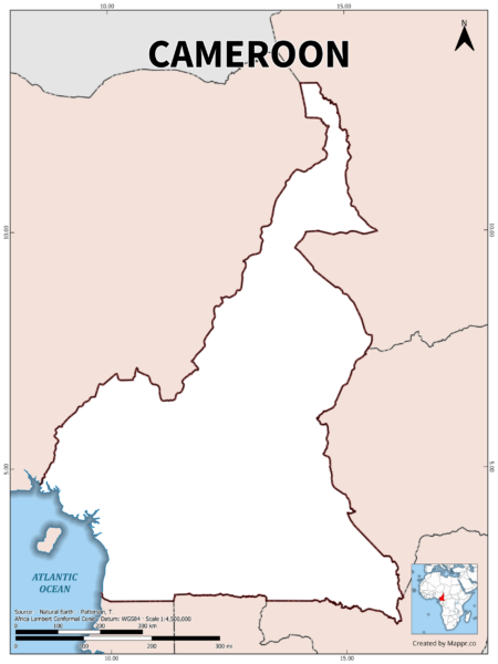 Outline map of Cameroon with country borders in color.