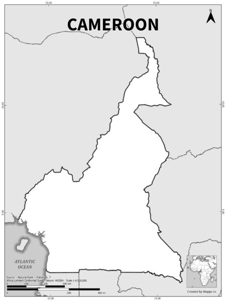 Black and white outline map of Cameroon, showing the country's borders.