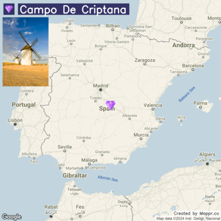 Map of Spain highlighting the location of Campo De Criptana, with an inset photo of a traditional windmill against a blue sky at the top left corner.