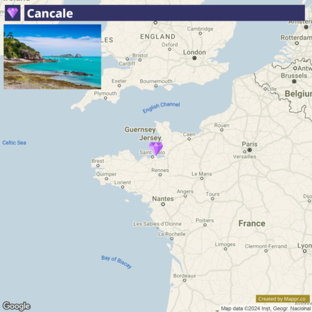 A map showing the town of Cancale in northwest France with a photo inset of a coastal scene featuring rocky shores and clear turquoise water.