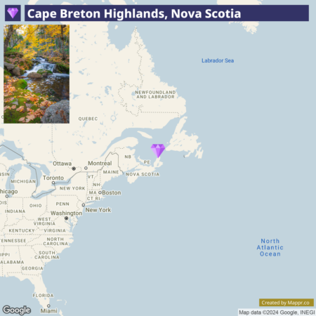 An infographic featuring a map highlighting Cape Breton Highlands in Nova Scotia, with a small inset photograph of a serene autumnal forest scene with a stream. Major cities and states in the United States are labeled along with Canadian provinces, and a purple diamond marks the location of Cape Breton on the map. "Created by Mappr.co" and "Map data ©2024 Google, INEGI" are noted at the bottom.