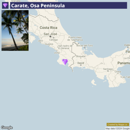 An image showing a partial map of the southern region of Costa Rica and the northern part of Panama, highlighting Carate in the Osa Peninsula with a purple marker. The map includes locations such as San José, Cartago, and Puerto Viejo de Talamanca in Costa Rica, as well as David and Bocas del Toro in Panama. Inset in the top left corner is a photograph of a beach with palm trees during sunset. The Google and Mappr.co watermarks indicate the source of the map.