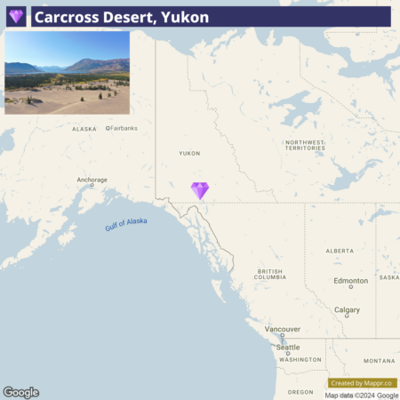 Map showing the location of Carcross Desert in Yukon, Canada with an inset image of the desert landscape at the top left corner.