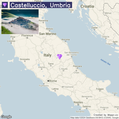 Alt text: A map highlighting the location of Castelluccio in the Umbria region of Italy, with a small inset photo in the top left corner showing a scenic view of Castelluccio village surrounded by clouds and green hills.