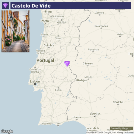 A split image with the left side showing a narrow cobblestone street lined with traditional houses and potted plants in Castelo de Vide, Portugal, and the right side displaying a map highlighting the location of Castelo de Vide in Portugal with a purple marker.