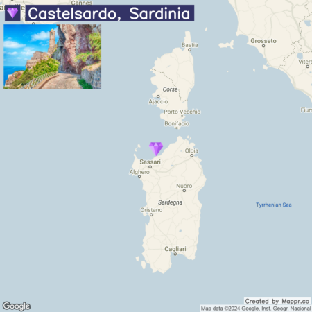 An image displaying a scenic coastal view of Castelsardo in Sardinia, above which is a map highlighting the location of Castelsardo on the island of Sardinia, Italy, with a purple marker. The image also includes part of the surrounding seas and nearby regions with city names and country borders. Below the map, there are attributions to Google and Mappr.co.