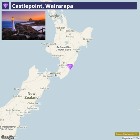 Alt text: A map of New Zealand highlighting the location of Castlepoint, Wairarapa, with a purple marker on the lower North Island near Wellington, and an inset image of a lighthouse at sunset.