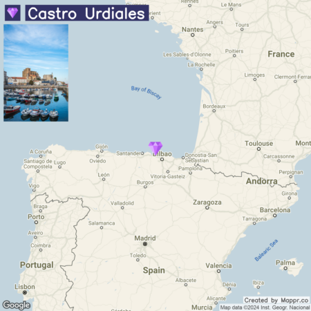 A map of northern Spain and part of southwestern France highlighting the location of Castro Urdiales near Bilbao on the Bay of Biscay. In the upper left, a small photo insert shows Castro Urdiales coastal town with boats in the harbor.