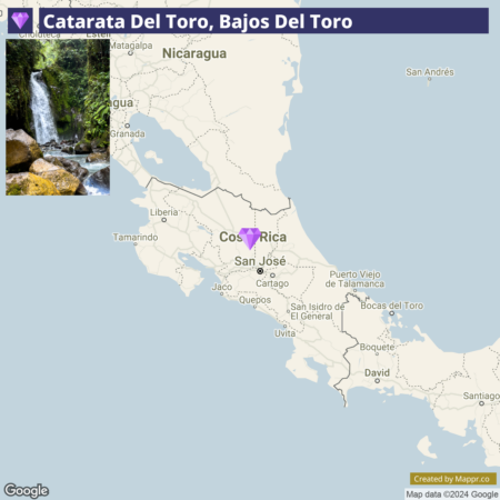 A map highlighting the location of Catarata Del Toro, Bajos Del Toro in Costa Rica, with a small inset image of a waterfall in the upper left corner.