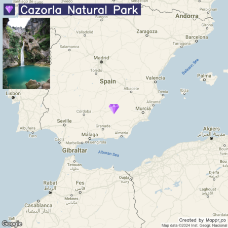 A map highlighting the location of Cazorla Natural Park in Spain, with a small photograph in the upper left corner showing a waterfall and natural pool within the park. Major nearby cities and countries are labeled for context.