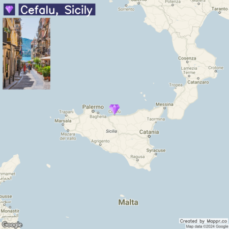 Map of Sicily highlighting the location of Cefalu, with an inset picture of a street scene from Cefalu showing buildings and people walking.