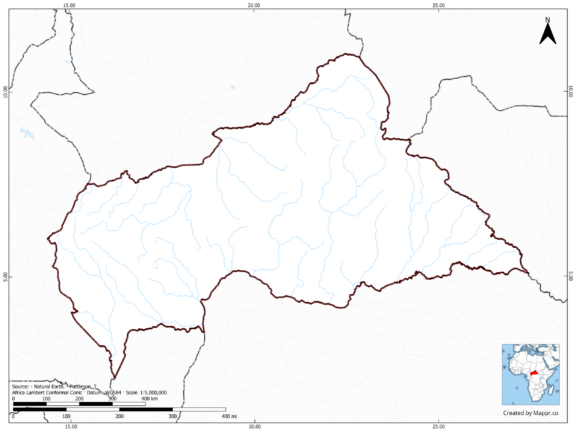 Blank map of Central African Republic showing borders and no labels, in color.