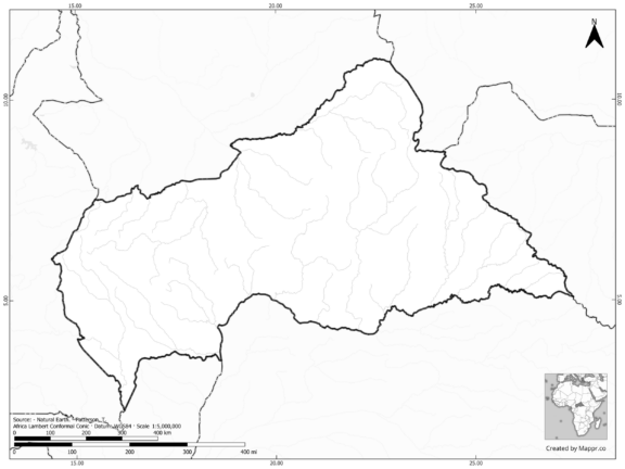 Blank black and white map of Central African Republic with borders and no labels.