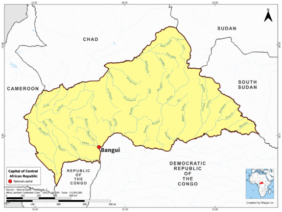 Map highlighting Bangui, the capital of Central African Republic, with country borders, in color.