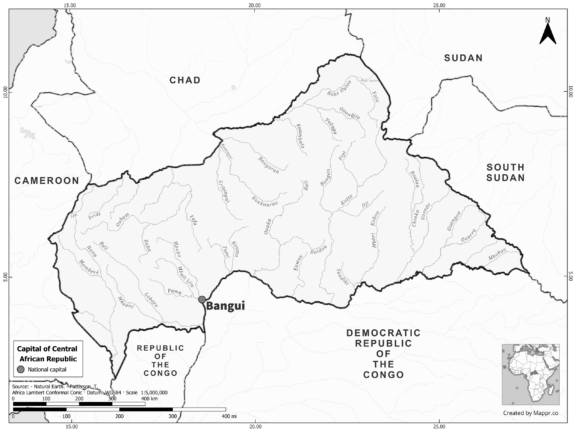 Black and white map highlighting Bangui, the capital of Central African Republic.