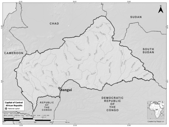 Black and white map of Central African Republic highlighting Bangui as the capital, with neighboring countries.