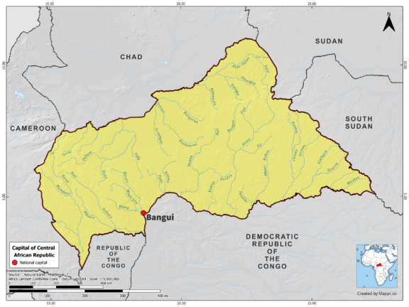 Map highlighting Bangui, the capital of Central African Republic, with surrounding countries and geographical features, in color.
