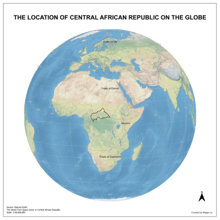 Map showing Central African Republic's location on a globe, highlighted in red on the African continent.