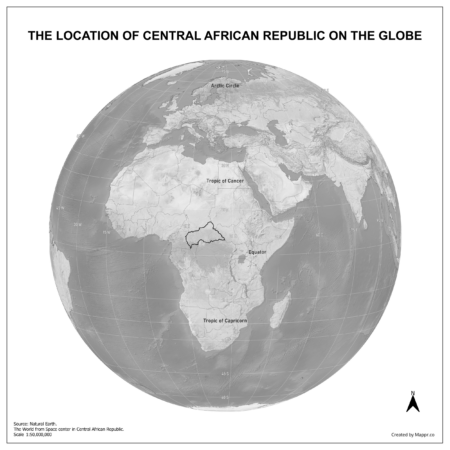 Map showing Central African Republic's location on a globe, highlighted in red on the African continent.