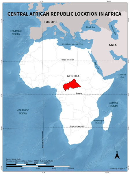Central African Republic location on world map, color version.