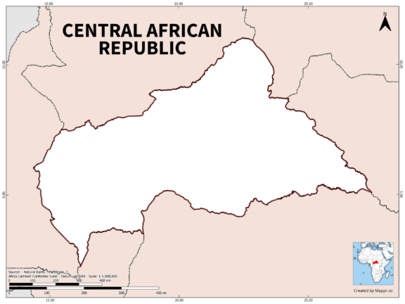 Outline map of Central African Republic with country borders in color.